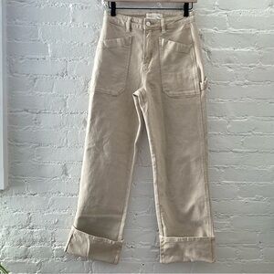 Risen Wide Leg High Rise Pants Cuffed Patch Pocket Beige Denim Minimalist Sz 26